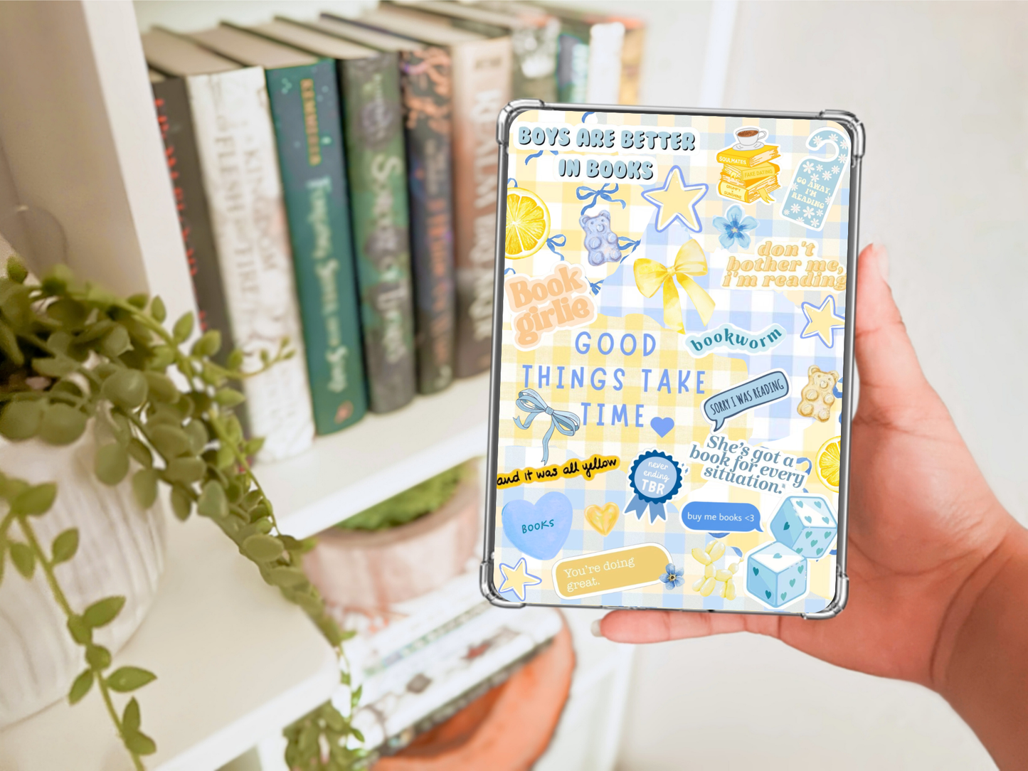 Book Girlie Yellow Blue Gingham Kindle Insert | Boys Are Better In Books | Physical Collage Insert for Clear Kindle Case | Enchanted Bookcase