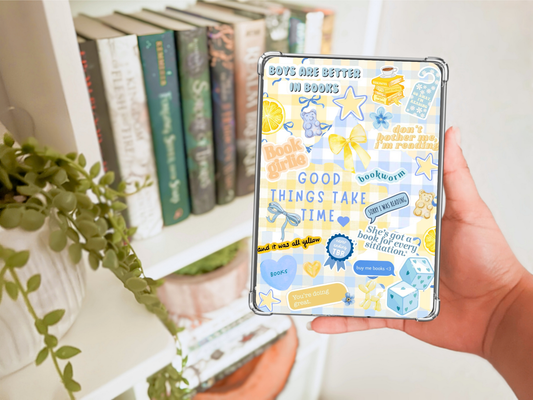 Book Girlie Yellow Blue Gingham Kindle Insert | Boys Are Better In Books | Physical Collage Insert for Clear Kindle Case | Enchanted Bookcase