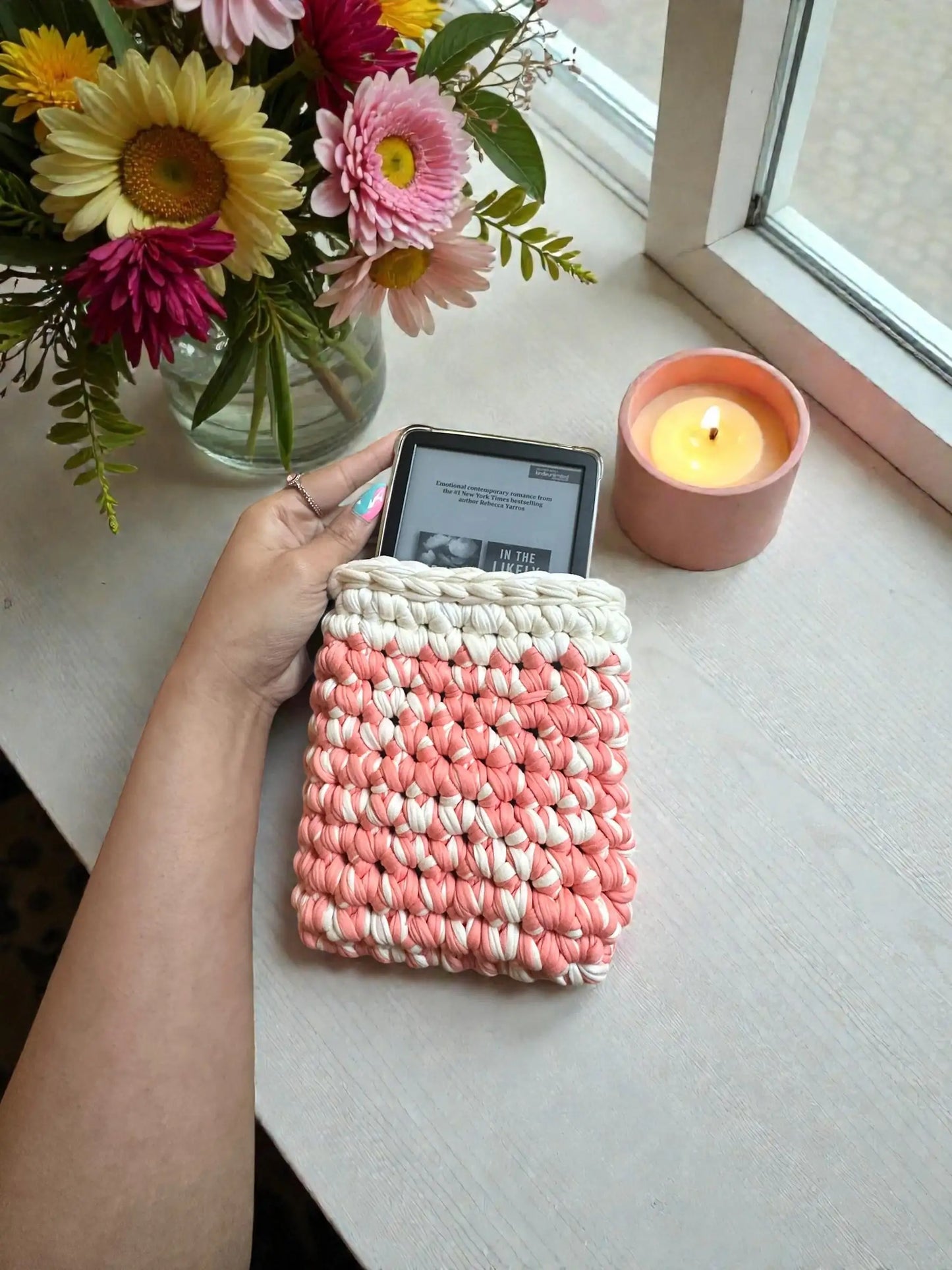 Handmade Crocheted Kindle Sleeve | Chunky Braided Cream & Coral Pink | Cozy Protective E-Reader Cover | Enchanted Bookcase Enchanted Bookcase