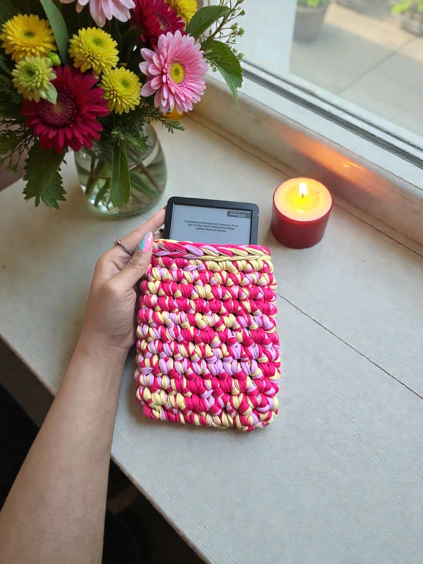 Handmade Crocheted Kindle Sleeve | Chunky Braided Pink Purple Yellow | Cozy Protective E-Reader Cover | Enchanted Bookcase Enchanted Bookcase