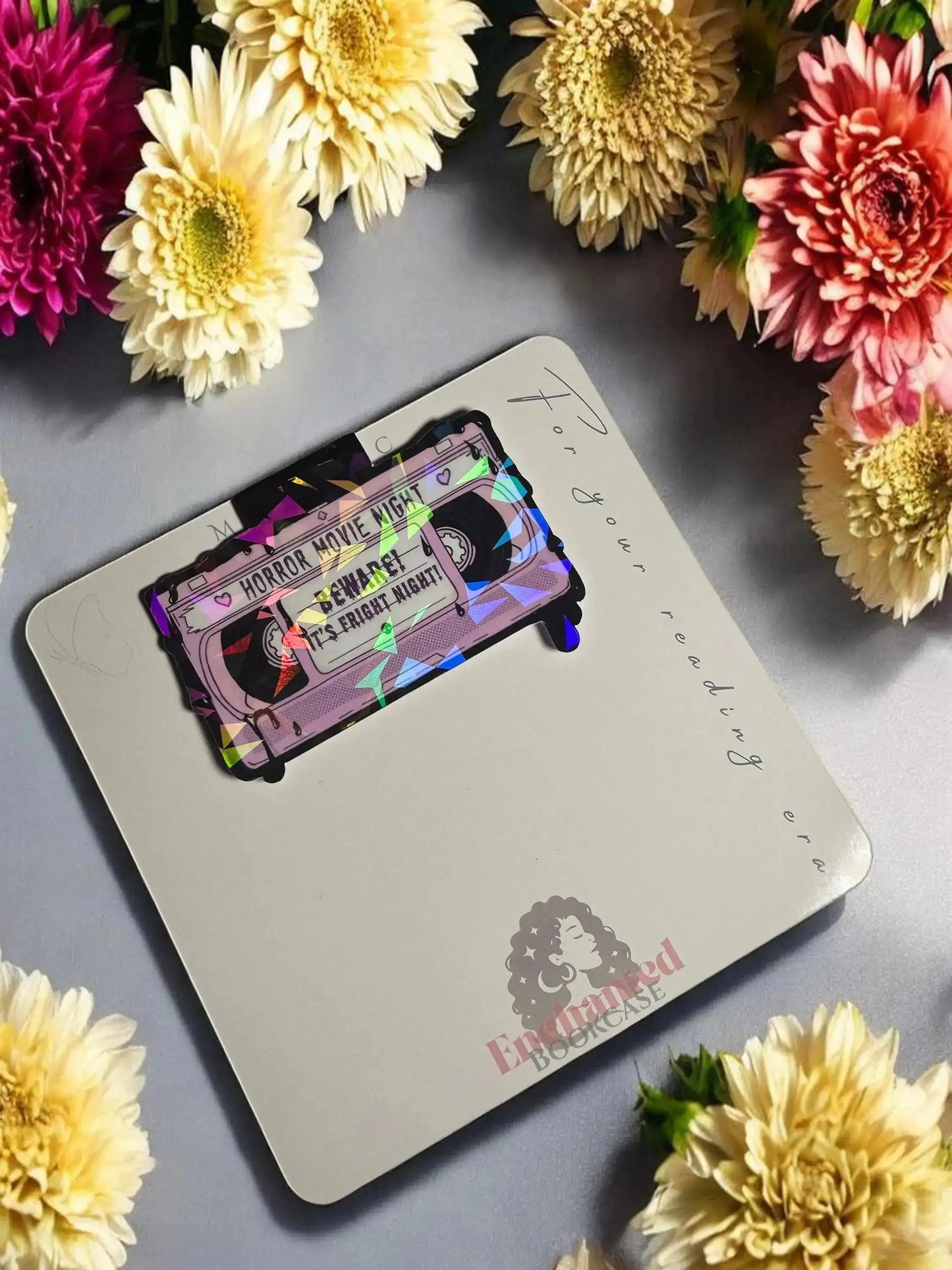 Horror Movie Night VHS cassette 'Beware! It's Fright Night!' handmade holographic magnetic bookmark on Enchanted Bookcase branded display card
