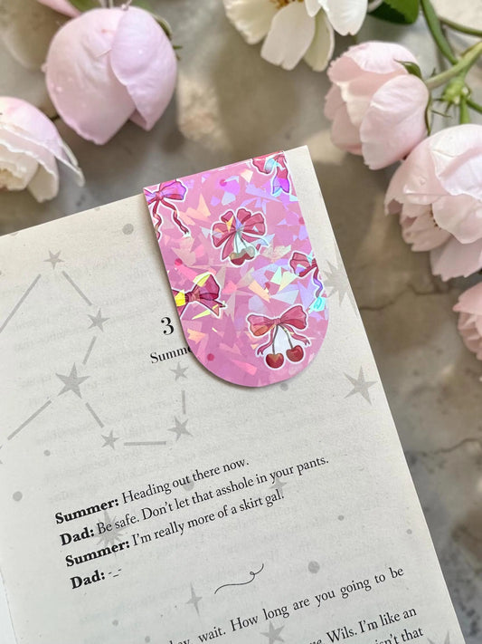 Cherry Magnetic Bookmark | Holographic Pink Bow Page Marker