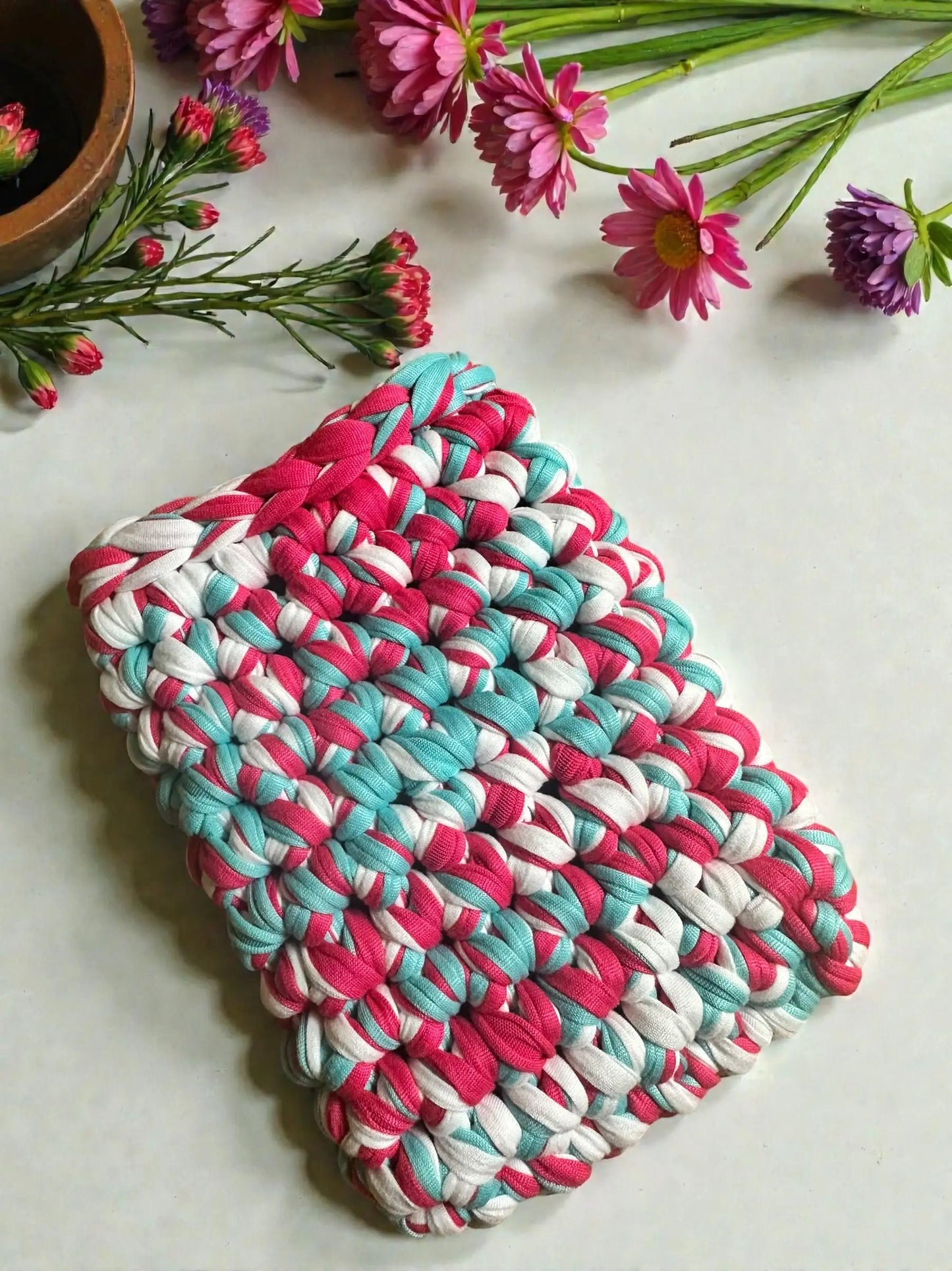 Handmade Crocheted Kindle Sleeve | Chunky Braided Pink Blue White | Cozy Protective E-Reader Cover | Enchanted Bookcase Enchanted Bookcase
