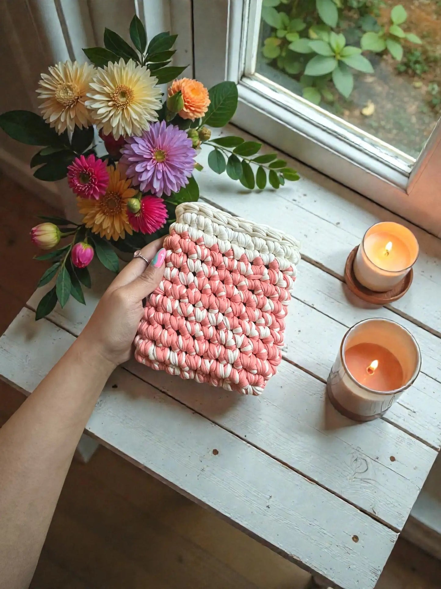Handmade Crocheted Kindle Sleeve | Chunky Braided Cream & Coral Pink | Cozy Protective E-Reader Cover | Enchanted Bookcase Enchanted Bookcase