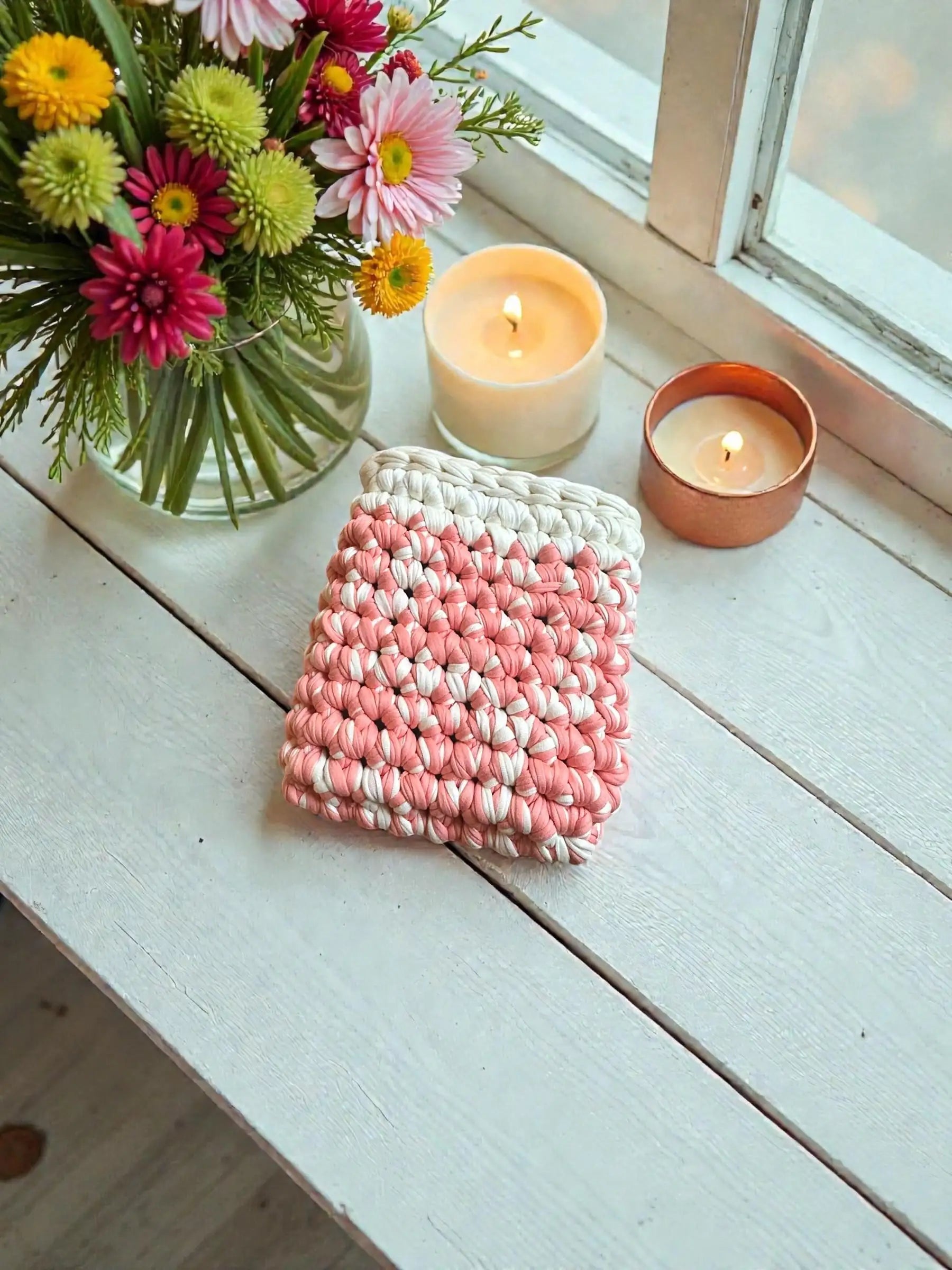Handmade Crocheted Kindle Sleeve | Chunky Braided Cream & Coral Pink | Cozy Protective E-Reader Cover | Enchanted Bookcase Enchanted Bookcase