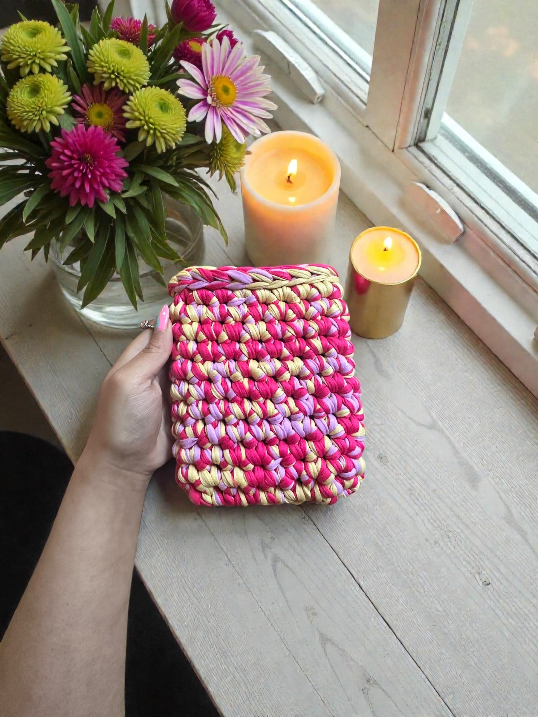 Handmade Crocheted Kindle Sleeve | Chunky Braided Pink Purple Yellow | Cozy Protective E-Reader Cover | Enchanted Bookcase Enchanted Bookcase