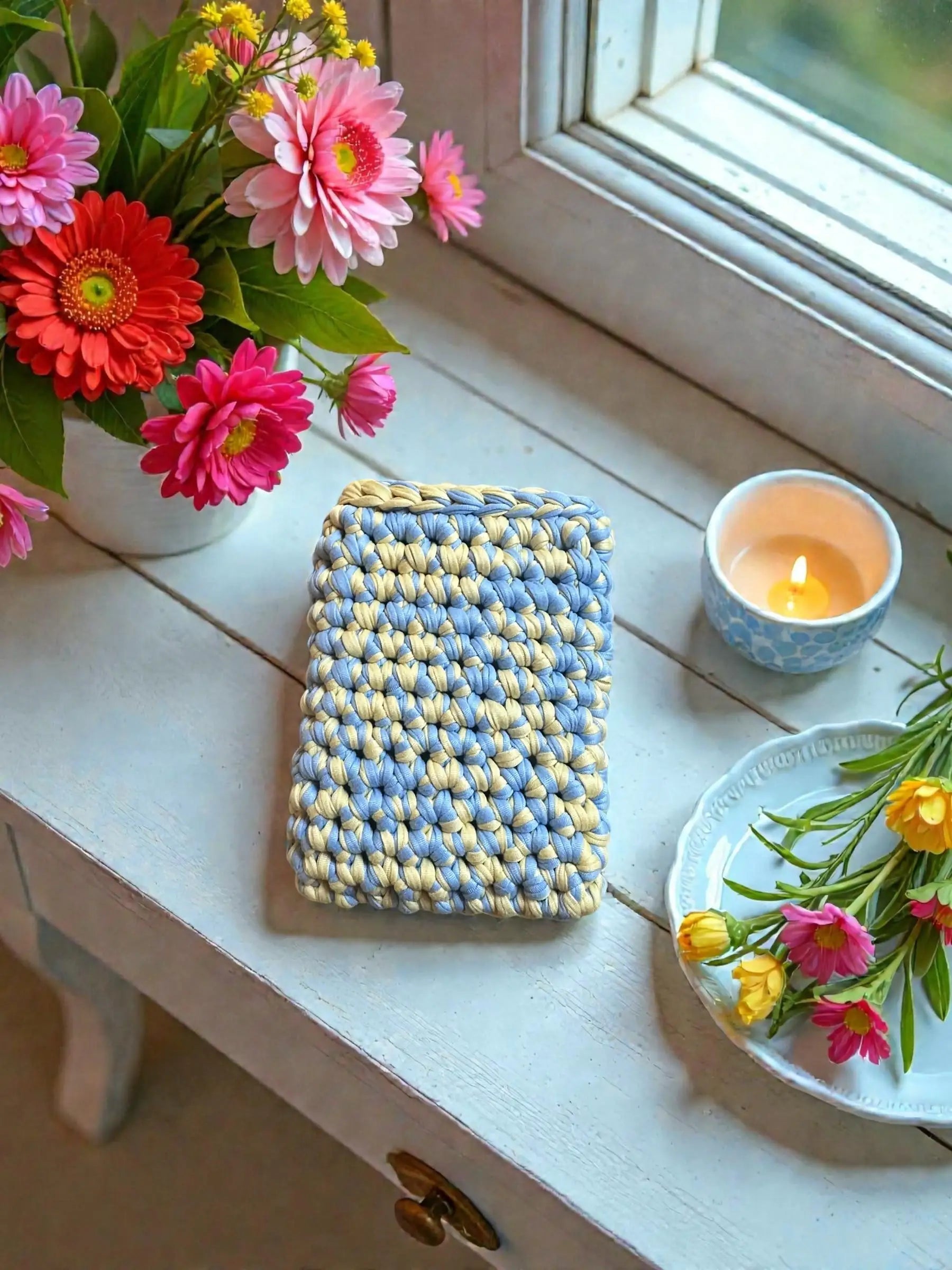 Handmade Crocheted Kindle Sleeve | Chunky Braided Blue & Yellow | Cozy Protective E-Reader Cover | Enchanted Bookcase Enchanted Bookcase