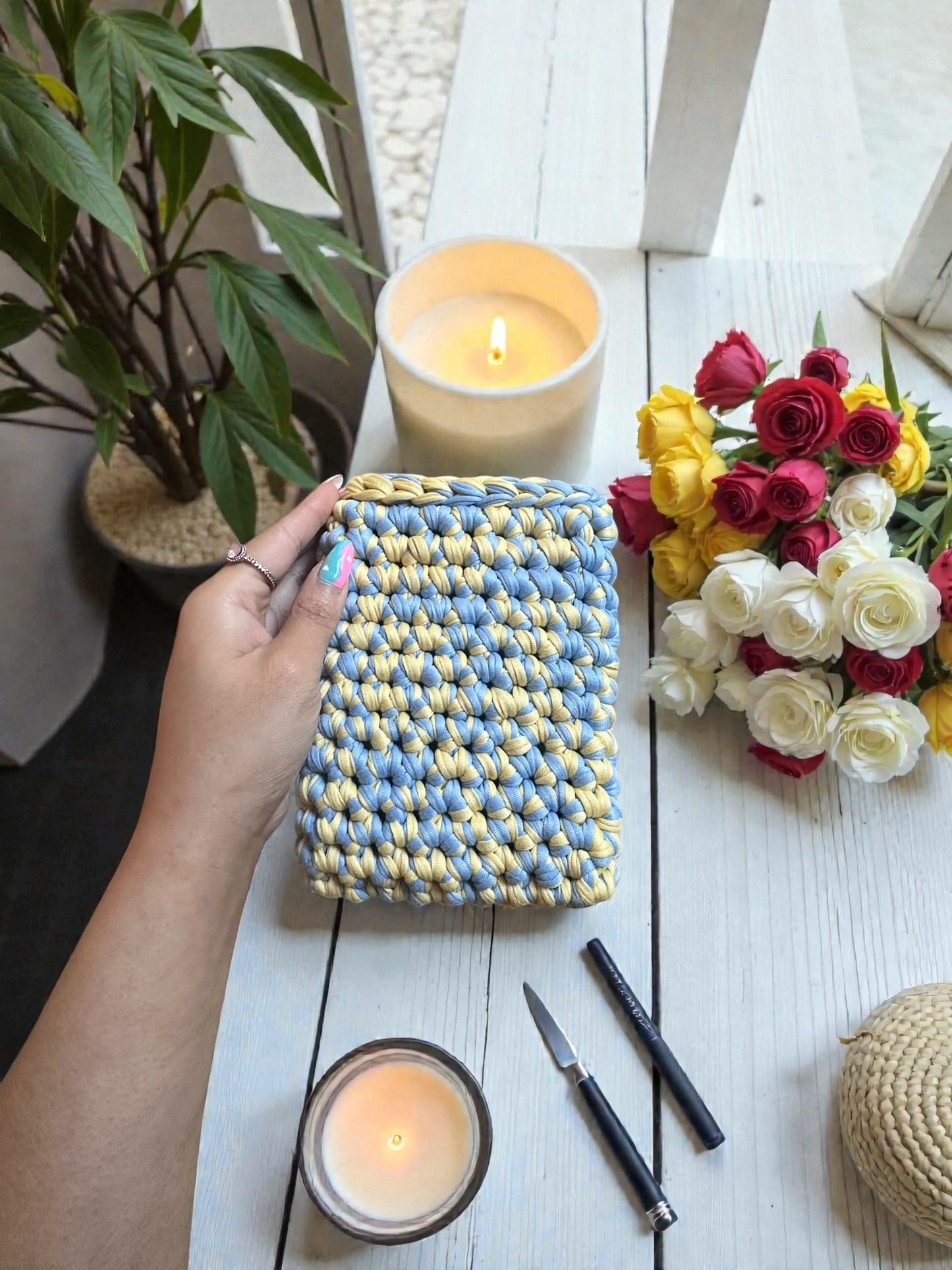 Handmade Crocheted Kindle Sleeve | Chunky Braided Blue & Yellow | Cozy Protective E-Reader Cover | Enchanted Bookcase Enchanted Bookcase