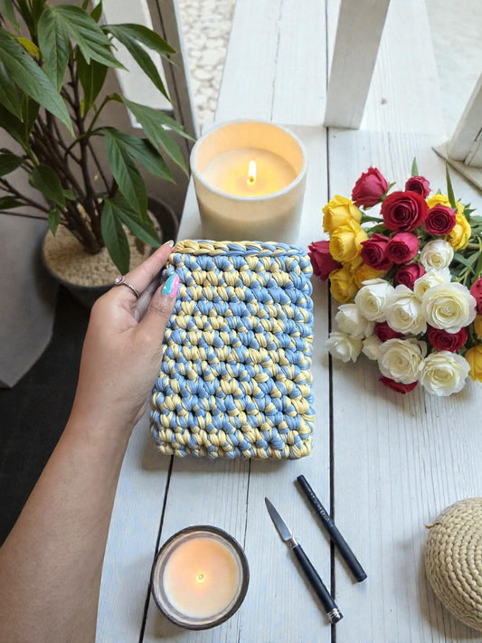 Handmade Crocheted Kindle Sleeve | Chunky Braided Blue & Yellow | Cozy Protective E-Reader Cover | Enchanted Bookcase Enchanted Bookcase