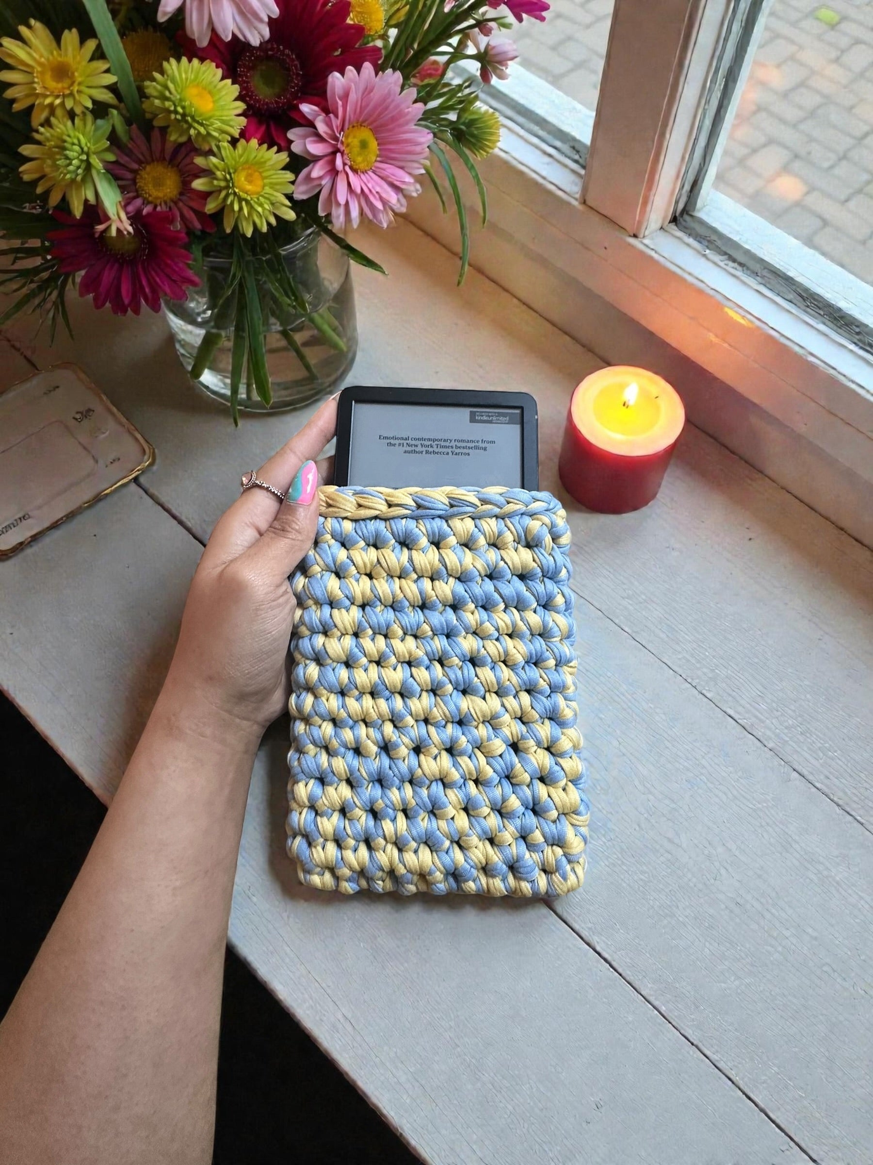 Handmade Crocheted Kindle Sleeve | Chunky Braided Blue & Yellow | Cozy Protective E-Reader Cover | Enchanted Bookcase Enchanted Bookcase