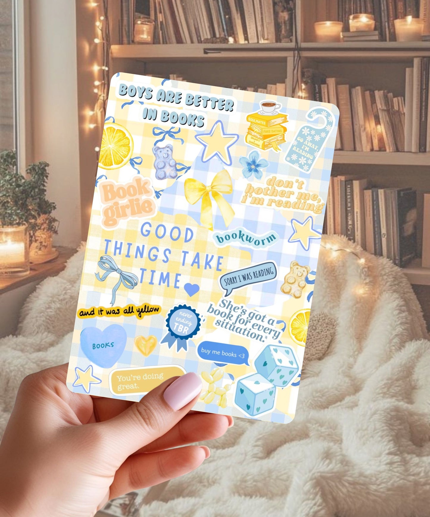 Book Girlie Yellow Blue Gingham Kindle Insert | Boys Are Better In Books | Physical Collage Insert for Clear Kindle Case | Enchanted Bookcase