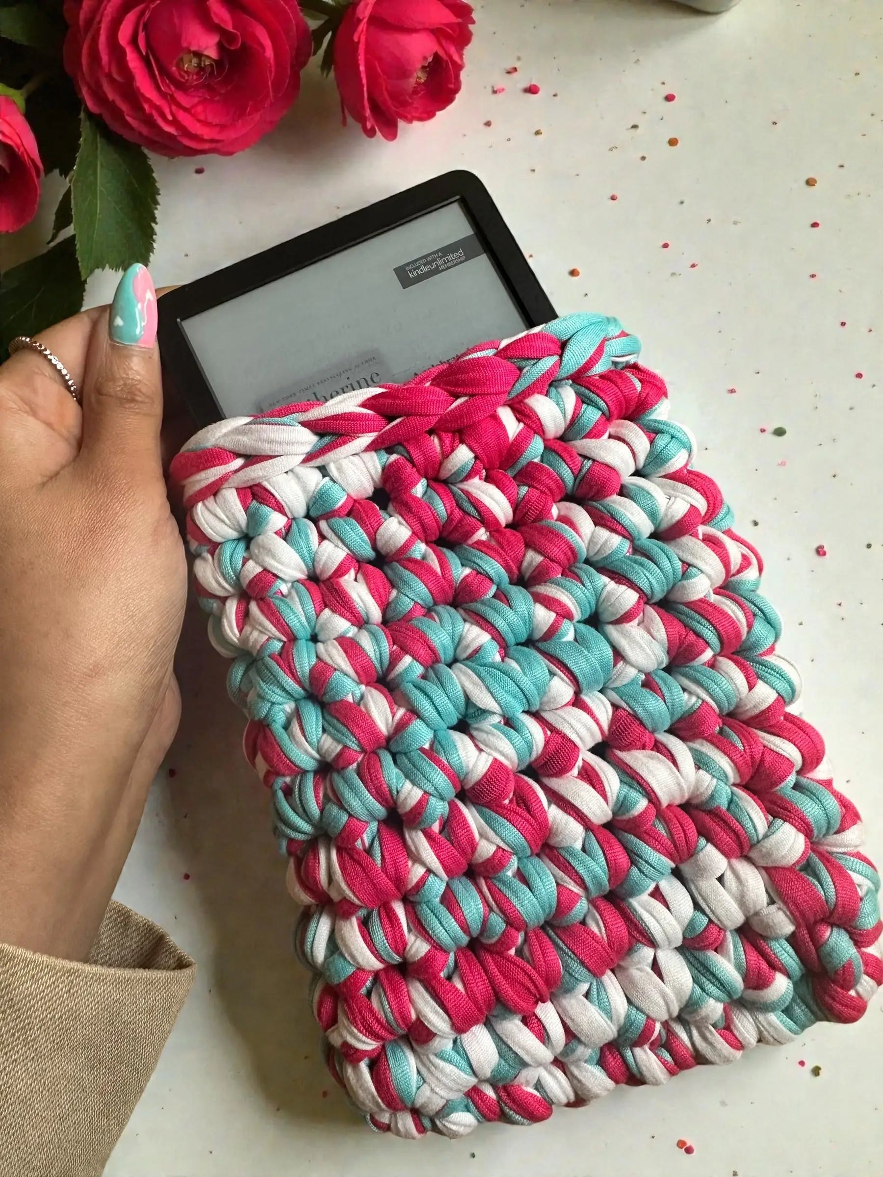 Handmade Crocheted Kindle Sleeve | Chunky Braided Pink Blue White | Cozy Protective E-Reader Cover | Enchanted Bookcase Enchanted Bookcase