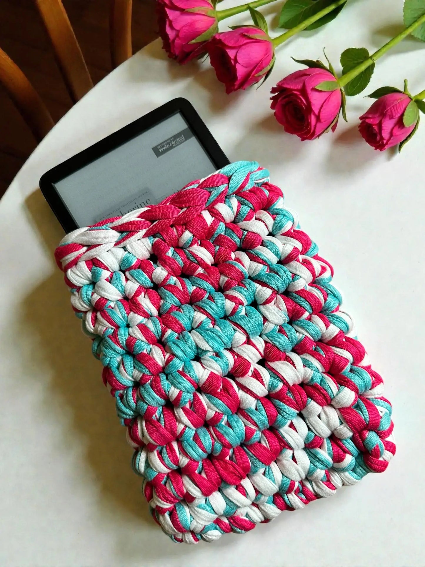 Handmade Crocheted Kindle Sleeve | Chunky Braided Pink Blue White | Cozy Protective E-Reader Cover | Enchanted Bookcase Enchanted Bookcase
