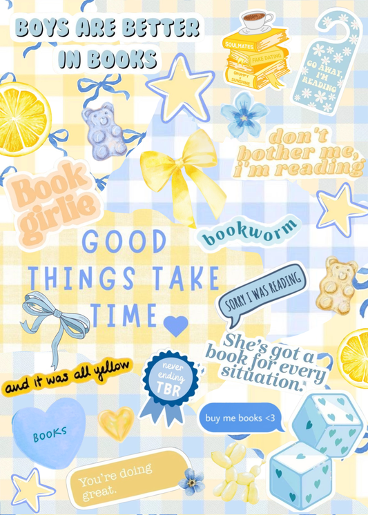 Book Girlie Yellow Blue Gingham Kindle Insert | Boys Are Better In Books | Physical Collage Insert for Clear Kindle Case | Enchanted Bookcase