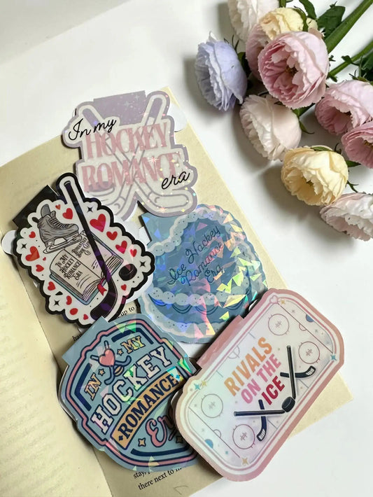 Collection of In My Hockey Romance Era holographic magnetic bookmarks by Enchanted Bookcase