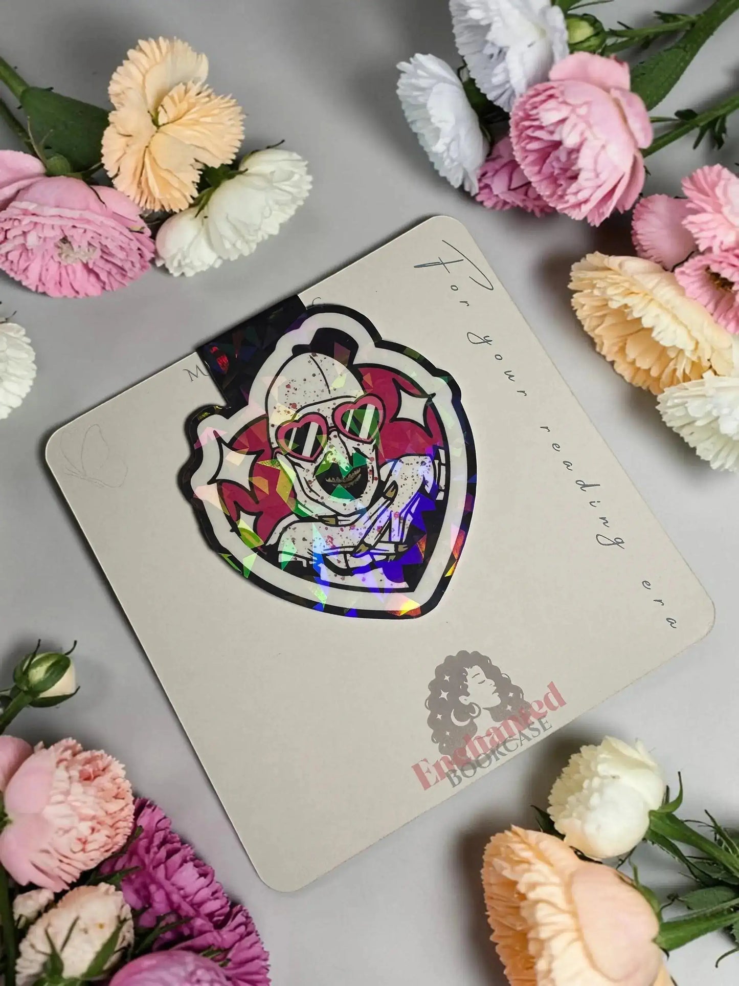 Horror clown with heart sunglasses handmade holographic magnetic bookmark by Enchanted Bookcase"