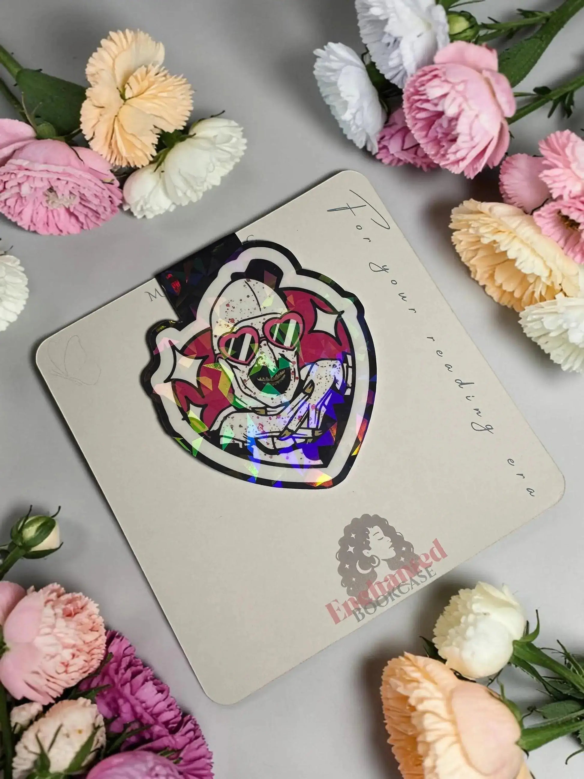Horror clown with heart sunglasses handmade holographic magnetic bookmark by Enchanted Bookcase"