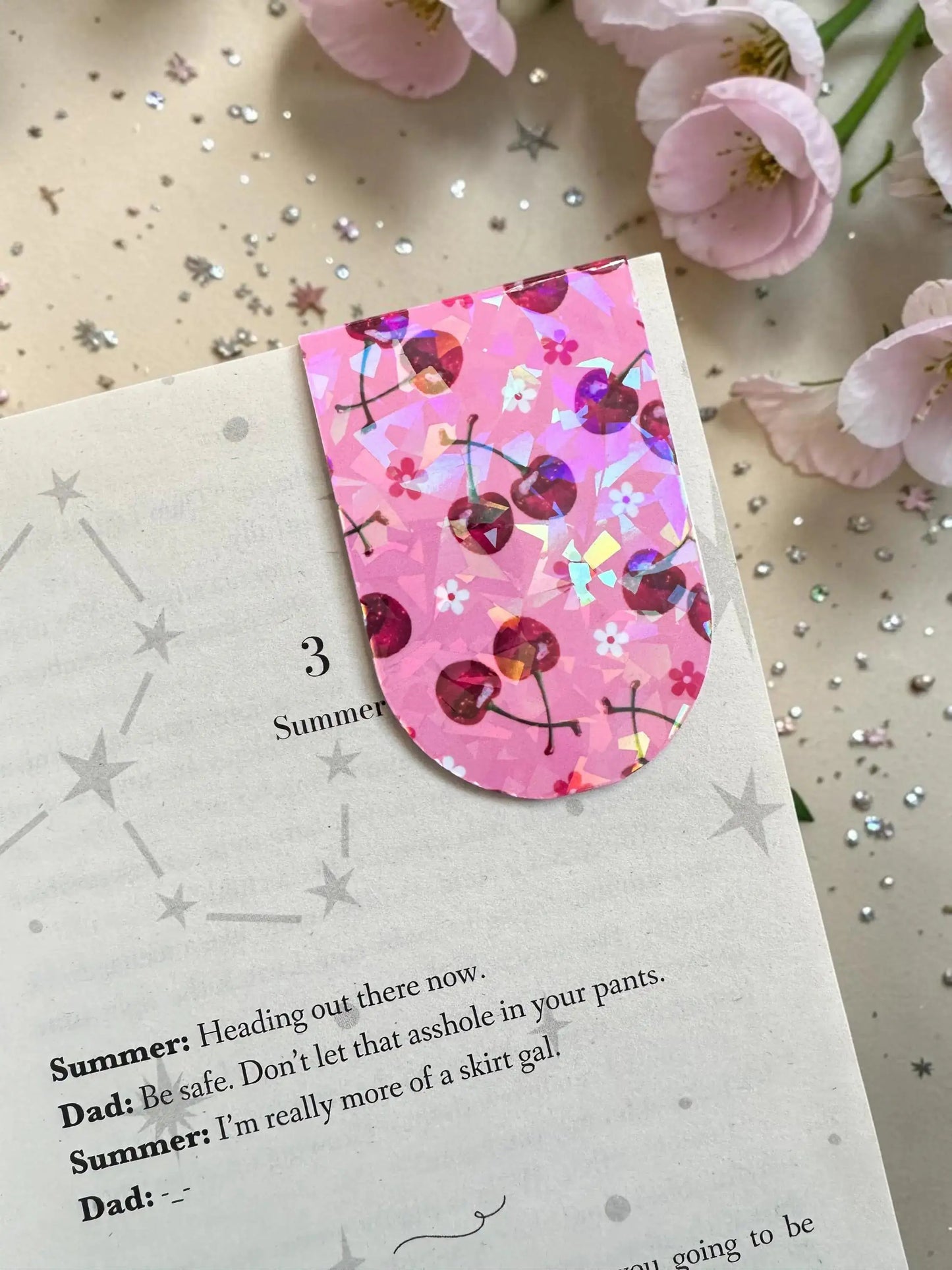 Cherry Magnetic Bookmark | Holographic Pink Bow Page Marker
