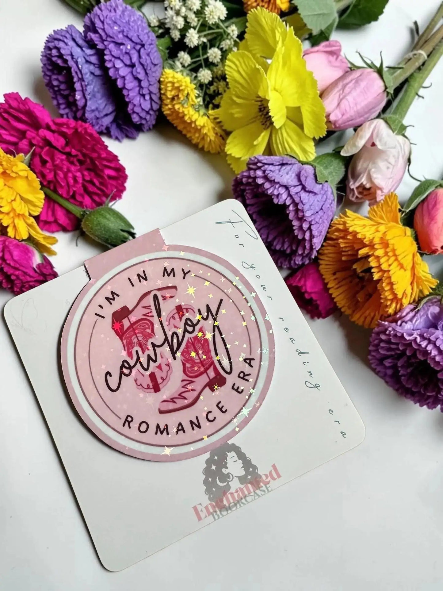 I'm In My Cowboy Romance Era pink boots circle holographic magnetic bookmark by Enchanted Bookcase