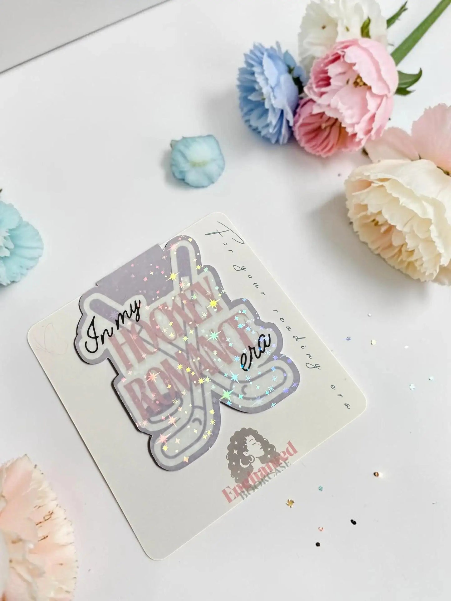 In My Hockey Romance Era purple glitter finger hockey stick holographic magnetic bookmark by Enchanted Bookcase