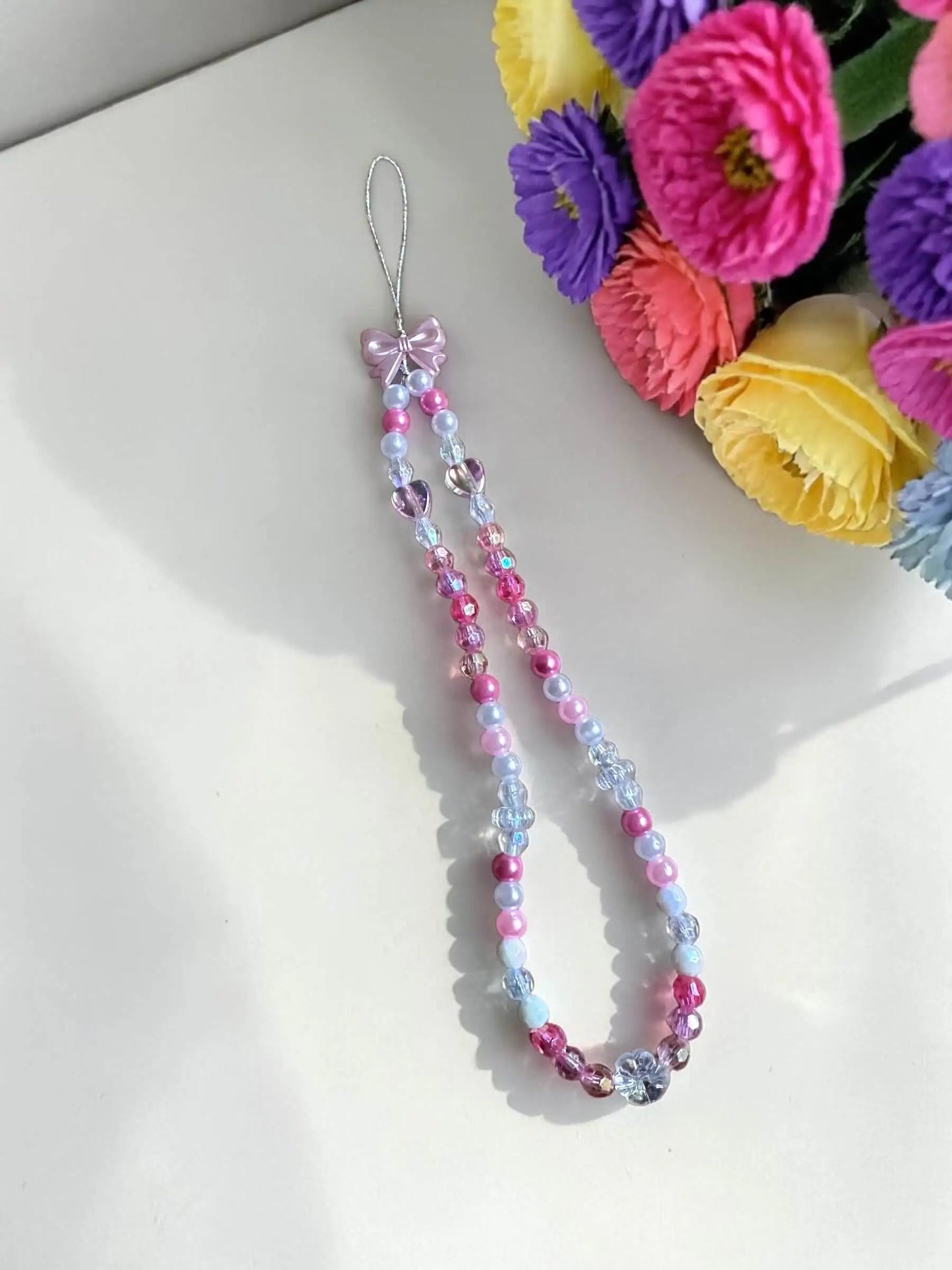 Pink Petal handmade beaded phone chain with pink bow, crystals and pearls by Enchanted Bookcase