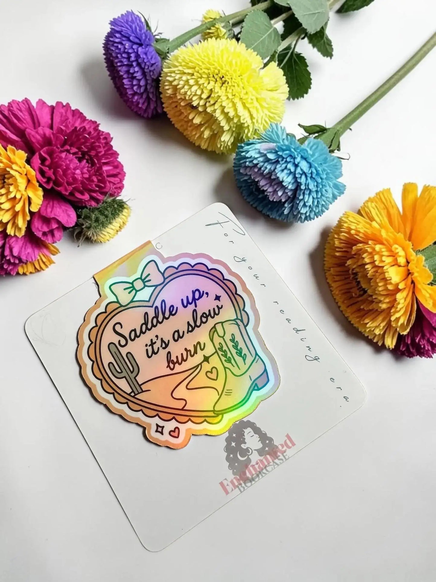 Saddle Up It's a Slow Burn cowboy boots and cactus holographic magnetic bookmark by Enchanted Bookcase